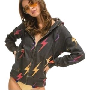 Aviator Nation Bolt Stitch Repeat Relaxed Zip Hoodie Women X-Small Gray Fleece